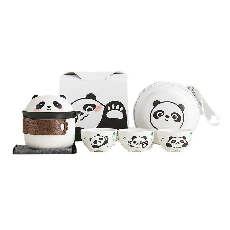 Cute Panda Travel Tea Set Ceramic Portable Quick Cup One Pot Three Cups Outdoor Camping Teapot Tea Cup