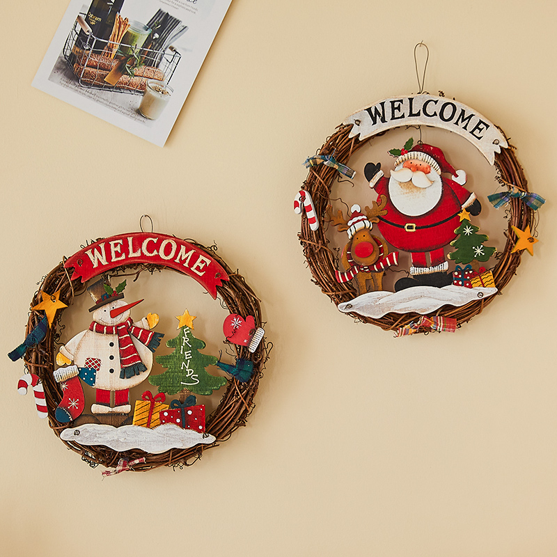 圣诞装饰品老人雪人麋鹿藤圈挂件门挂墙挂场景布置藤条花环挂饰 - 图0