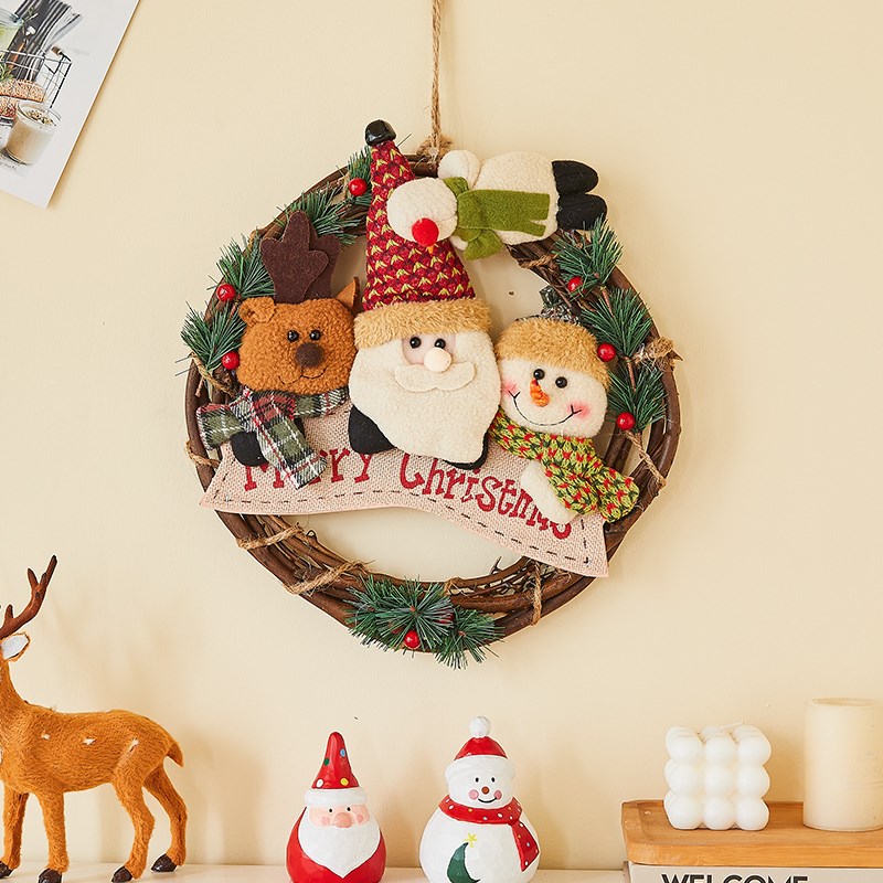 圣诞装饰品老人雪人麋鹿藤圈挂件门挂墙挂场景布置藤条花环挂饰 - 图2