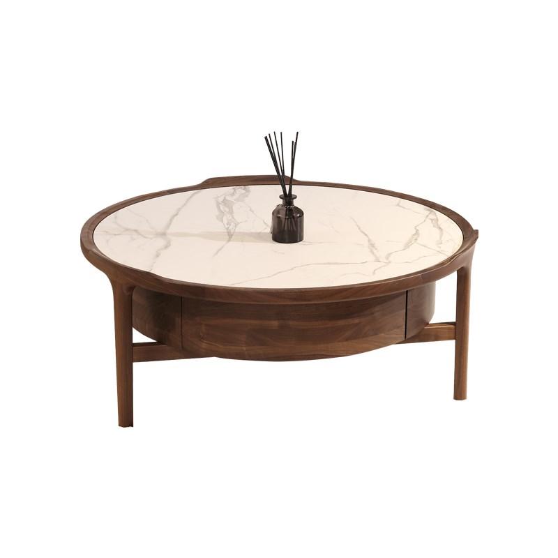 北美黑胡桃木茶几意式简约家用客厅全实木大理石茶几圆形岩板茶几 - 图3