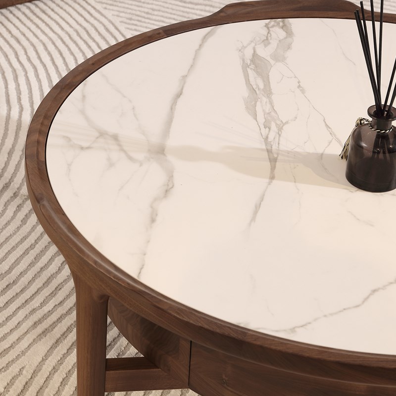 北美黑胡桃木茶几意式简约家用客厅全实木大理石茶几圆形岩板茶几 - 图1