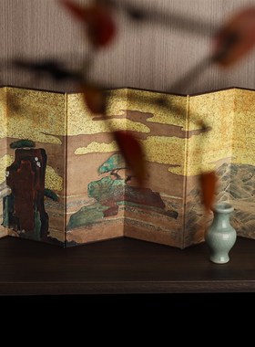 日式美学花鸟松雪山水画 画图双面桌面小屏风茶桌T屏风茶室背景摆