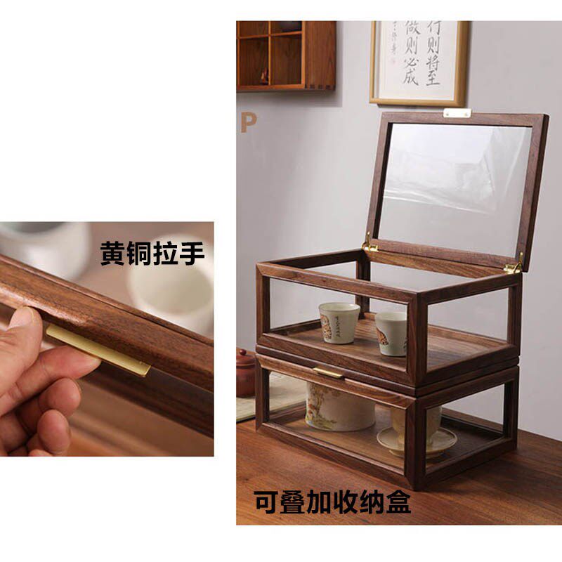 Black walnut tea set storage box desktop dustproof glass display cabinet toy bracelet purple sand pot tea cup storage cabinet