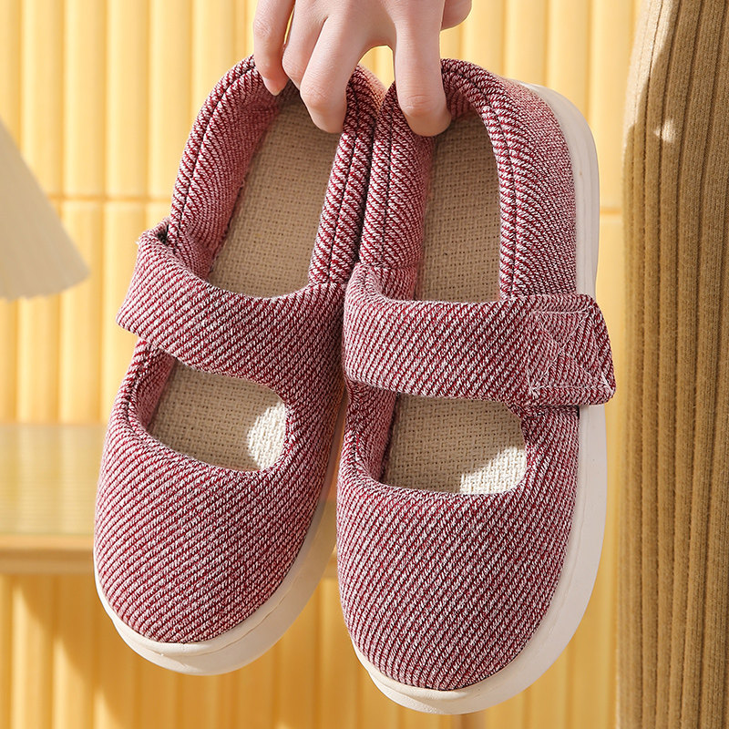 老人春秋防滑亚麻布n拖魔术贴外穿居家厚底包头手工软底布鞋男女,淘宝优惠券,粉丝福利购,淘宝优惠卷