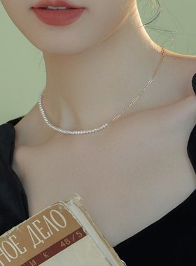 半珠和半炼自然淡水迷你珍珠拼接项炼为妇女冷风格14K金填充锁骨