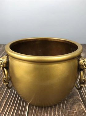 实心纯铜聚宝盆摆件客厅狮头皇宫招财缸按比例仿制办公室桌面元宝