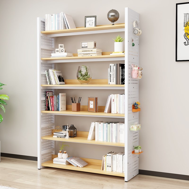 Bookshelf floor-standing multi-layer storage cabinet simple steel-wood storage rack hole J plate iron storage rack bookcase storage rack