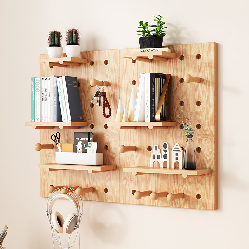 Solid wood hole board custom wall storage rack hanging board decorative partition storage rack storage rack wooden bookcase wall