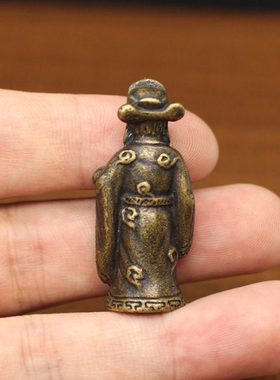 复古实心黄铜如意元宝小财神迷你纯铜财神小摆件古玩铜器办公桌面