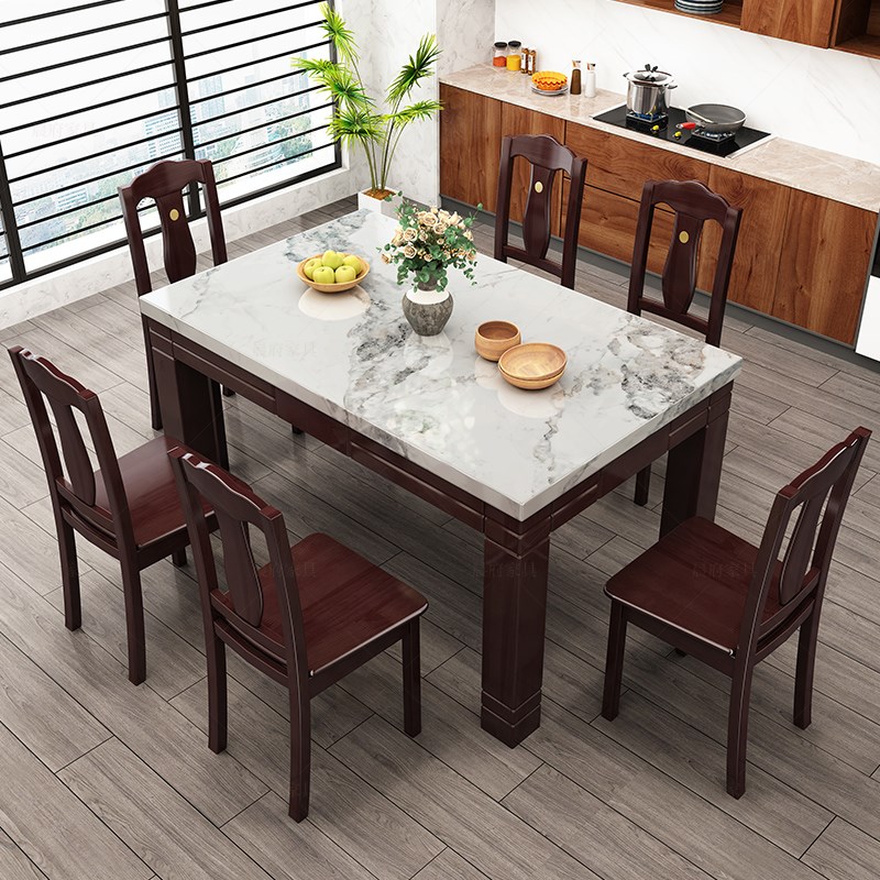 实木大理石餐桌椅组合新中式西餐桌现代简约小户型家用长方形饭桌 - 图0