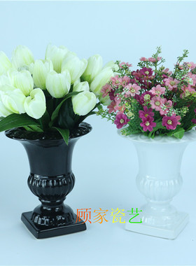 包邮方底浮雕黑白绿色古铜陶瓷奖杯花瓶花插花器家居工艺装饰摆件