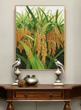大芬新中式丰收金色稻穗手绘油画客厅餐厅玄关装饰画穗穗平安挂画