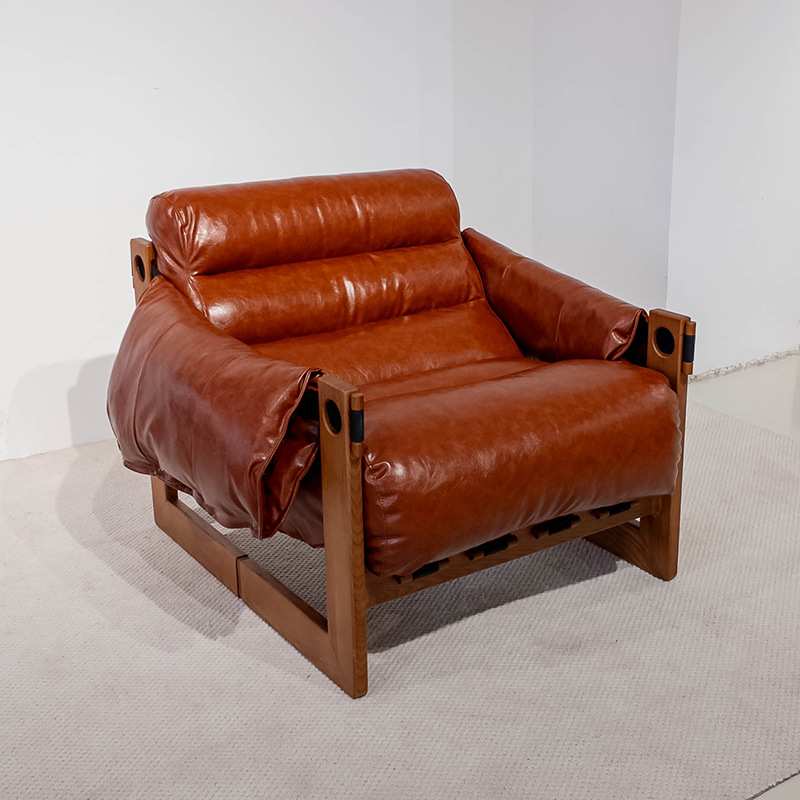 单人沙发椅泽西岛椅客厅中古风皮沙发椅子懒人椅实木复古躺椅座椅 - 图1