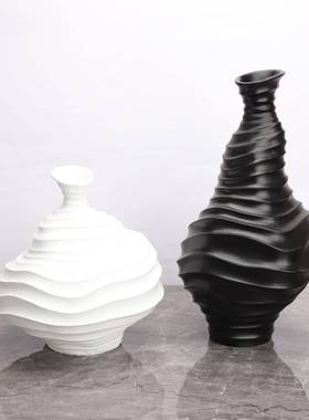 现代简约黑细口螺纹花器样白间酒店0021部书房几客厅软装饰板品茶