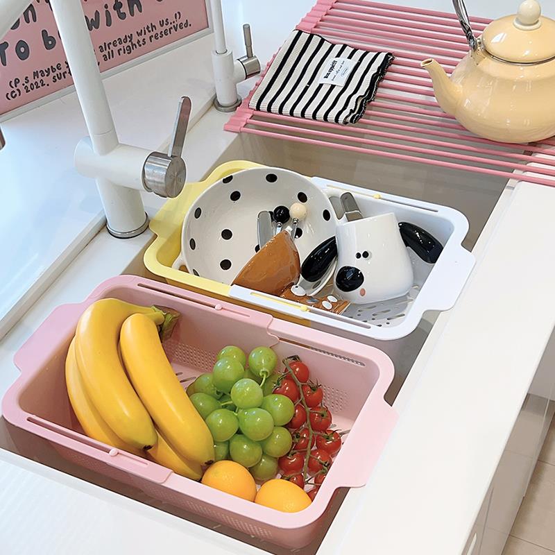 家用厨房可伸缩沥水篮蔬果盆双层两用洗菜篮少女心可爱厨房用品 - 图1