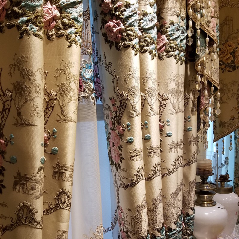 欧式窗帘 法式浮雕绣花布 豪华客厅 餐厅主卧 成品定制 测量安装 - 图1