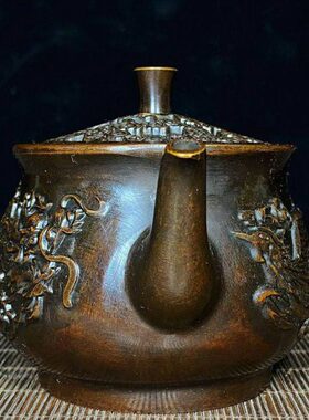 古玩收藏纯铜龙凤茶壶水壶酒壶铜器工艺品家居办公室吧台装饰摆件