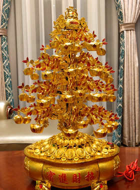 新款聚宝盆摇钱树带音乐旋转v元宝摆件LED发财树乔迁开业春节礼品