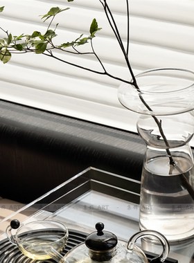 现代亚克力透明托盘家居玻璃花器组合样板房飘窗黑色N形托盘摆件