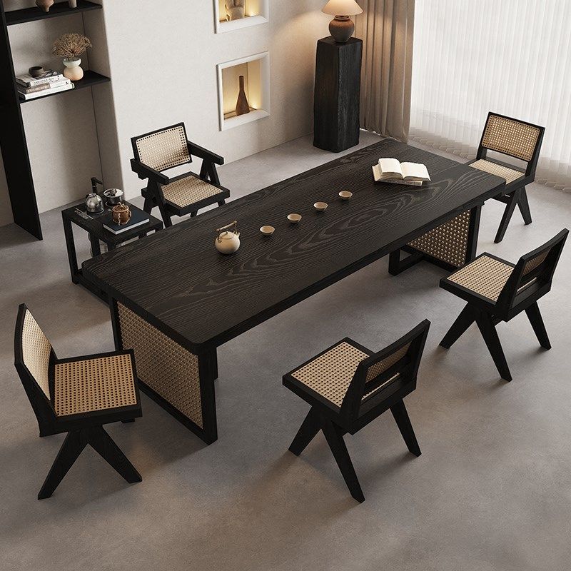 侘寂风实木藤编茶桌椅简约家用小户型茶几黑色实木长方形茶桌茶台,淘宝优惠券,粉丝福利购,淘宝优惠卷