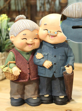 相伴相守爷爷奶j奶情侣老头老太储蓄罐存钱罐洗脚老人客厅家居摆