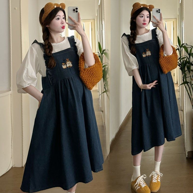 孕妇2025夏装新款两件套衬衣时髦宽松牛仔背带裙时尚百搭气质套装,淘宝优惠券,粉丝福利购,淘宝优惠卷