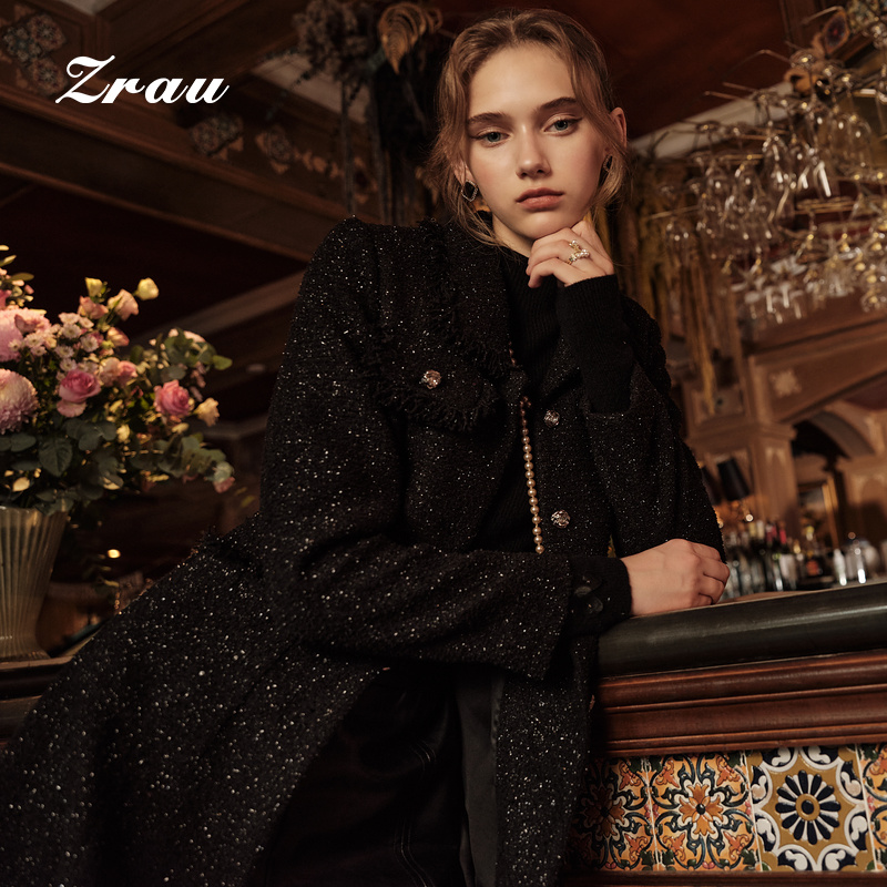 ZRAU高级感精致洋气中长裙2025冬季新款翻领长袖毛边连衣裙女 - 图0