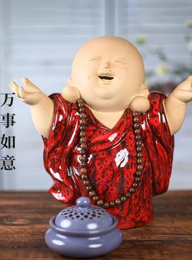 客厅小沙弥小和尚茶桌摆件禅意新中式博古架陶瓷工艺品茶室装饰品