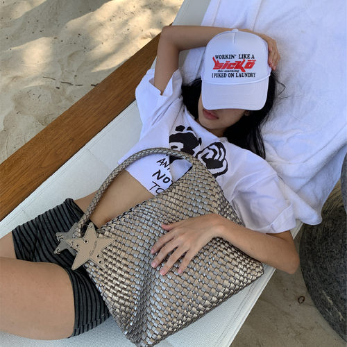 ECODAY中号秋季原创设计编织包通勤旅游托特包手提单肩包女香槟色 - 图0