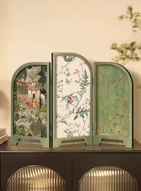 中古风仿古桌f面摆件客厅创意小屏风装饰画花鸟山水玄关柜电视柜