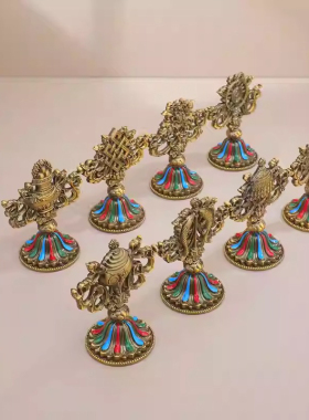 藏式合金八宝佛堂摆件吉祥八吉祥供佛组合做旧鎏金彩绘海螺宝瓶