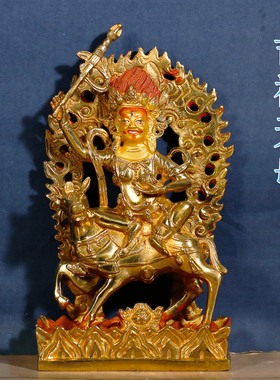 藏传密宗全鎏金纯铜彩绘吉祥天母佛像家用佛堂供奉铜像摆件高22cm