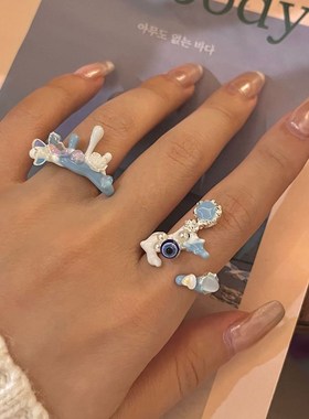 高级感珐琅滴油个性夸张戒指嘻哈甜F酷冷淡风眼睛闪钻食指戒指环