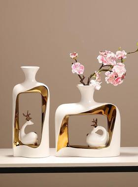 装品房间新中式一伴鹿摆设公室相干花电视柜tPPdGzPw饰客厅花办瓶