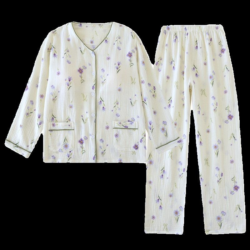 带胸垫免文胸婴儿纯棉双层纱布睡衣女春秋夏季薄款长袖长裤家居服,淘宝优惠券,粉丝福利购,淘宝优惠卷