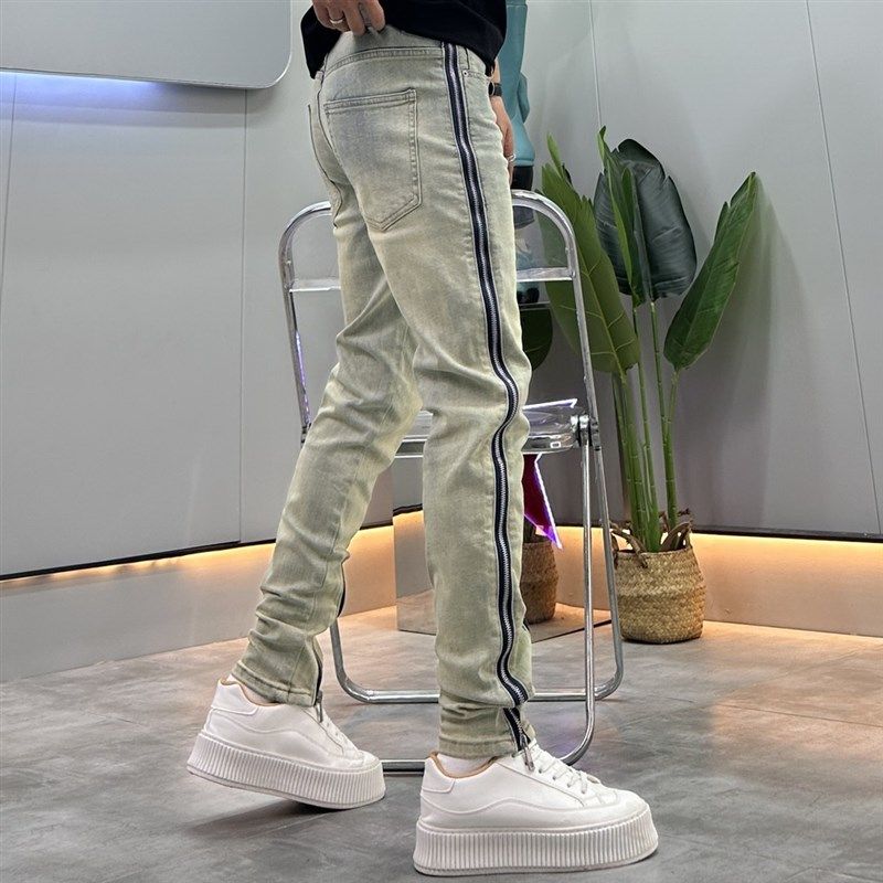 重磅美式侧拉链设计牛仔裤男夏季薄款个性百搭修身水洗直筒九分裤,淘宝优惠券,粉丝福利购,淘宝优惠卷