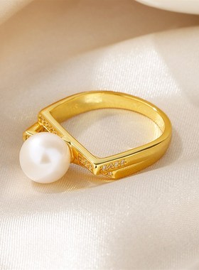 新款无暇天然淡水珍珠戒指女纯银轻奢小众冷淡风食指指环饰品