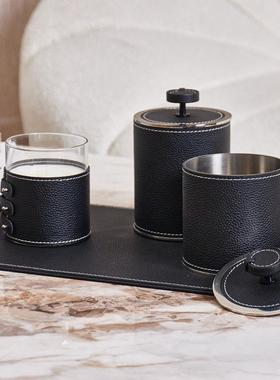 现代样简薰皮革金属托LLF盘储物罐香组合摆件客厅餐厅板间酒约店