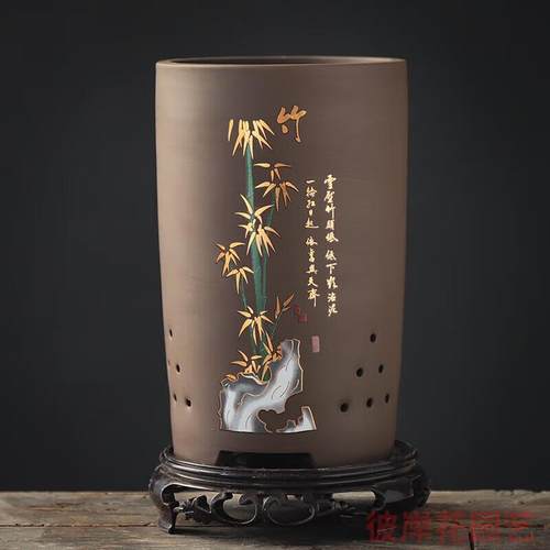 李绅紫砂兰花盆陶瓷圆筒大口径透气吊兰家用兰草君子兰用花盆带托 - 图1