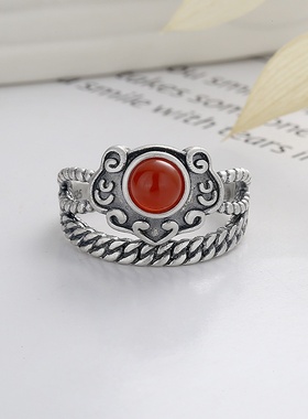 锦河畔 s925纯银复古做旧祥云如意造型南红色玛瑙古风开口戒指女