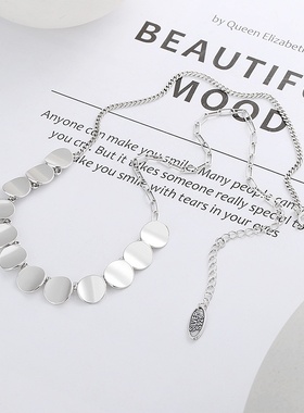 锦河畔 s925纯银韩版创意个性简约光面圆牌拼接几何小众百搭项链