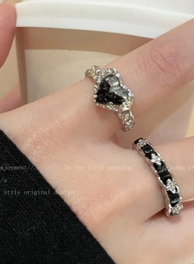 渐变色碎石爱心锆石开口戒指女生2024年新款可S调节食指戒百搭指