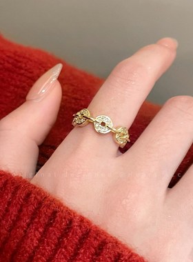 日进斗金!铜钱锆石开口戒指女2y025新款过年偏财戒高级感旺财指环