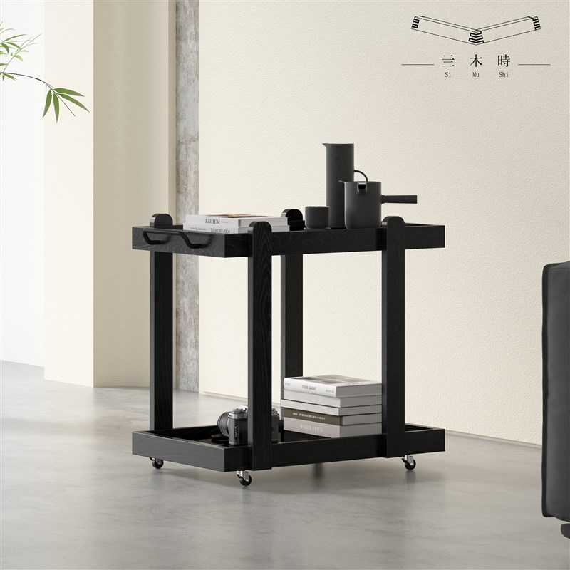 实木小推车边几客厅沙发边桌可移动边柜现代简约黑色小茶几侘寂风 - 图0