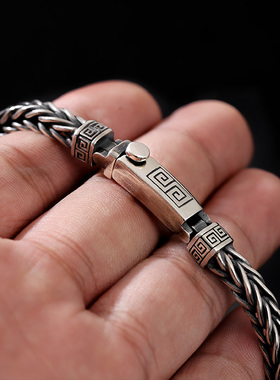 回字纹麻绳龙骨插销手链男士纯银潮时尚复古手工中国风百搭休闲
