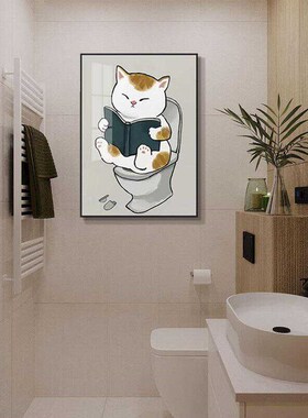 现代简约晶瓷装饰画 创意猫咪浴室洗手间马桶背景挂画读书猫4060