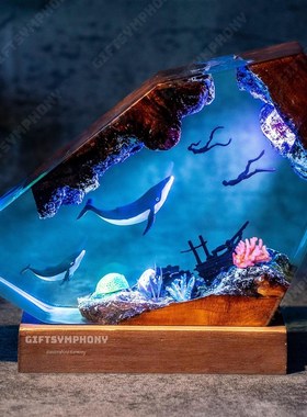 座头鲸和两个潜水员树脂夜灯鲸鲨树脂海洋灯R手工家居装饰礼物