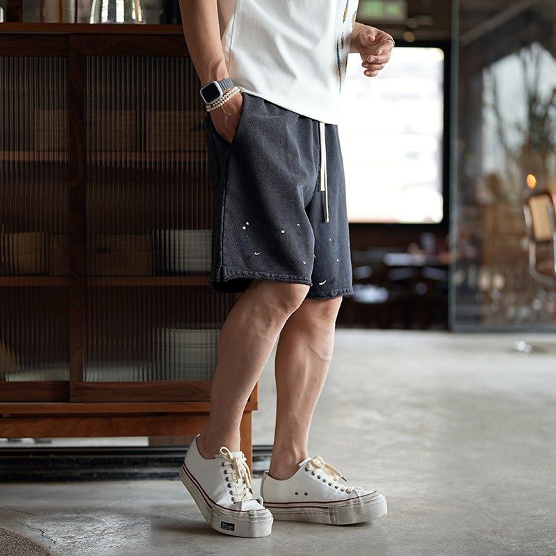 港风高街设计感甩漆宽松针织短裤男装夏季潮流高端百搭休闲五分裤,淘宝优惠券,粉丝福利购,淘宝优惠卷