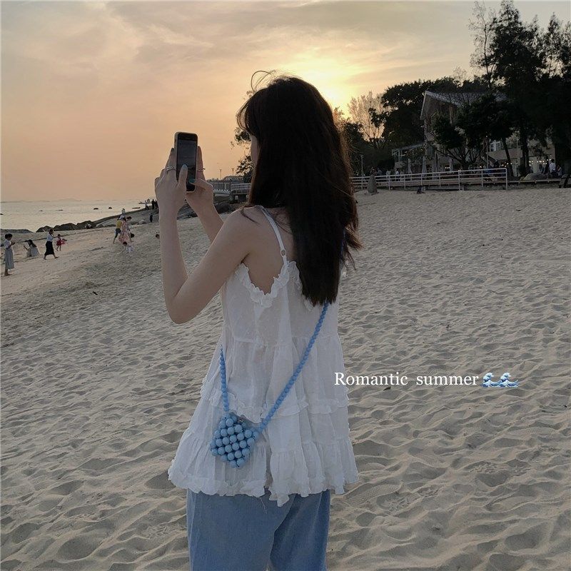 小清新甜美白色吊带背心女小个子外穿春夏季宽松木耳边娃娃衫上衣,淘宝优惠券,粉丝福利购,淘宝优惠卷