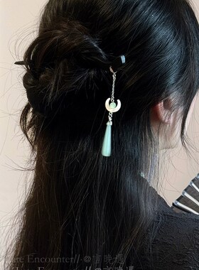新中式浅绿色月亮水滴耳环女古风半扎发盘发汉服发簪国风发饰耳饰